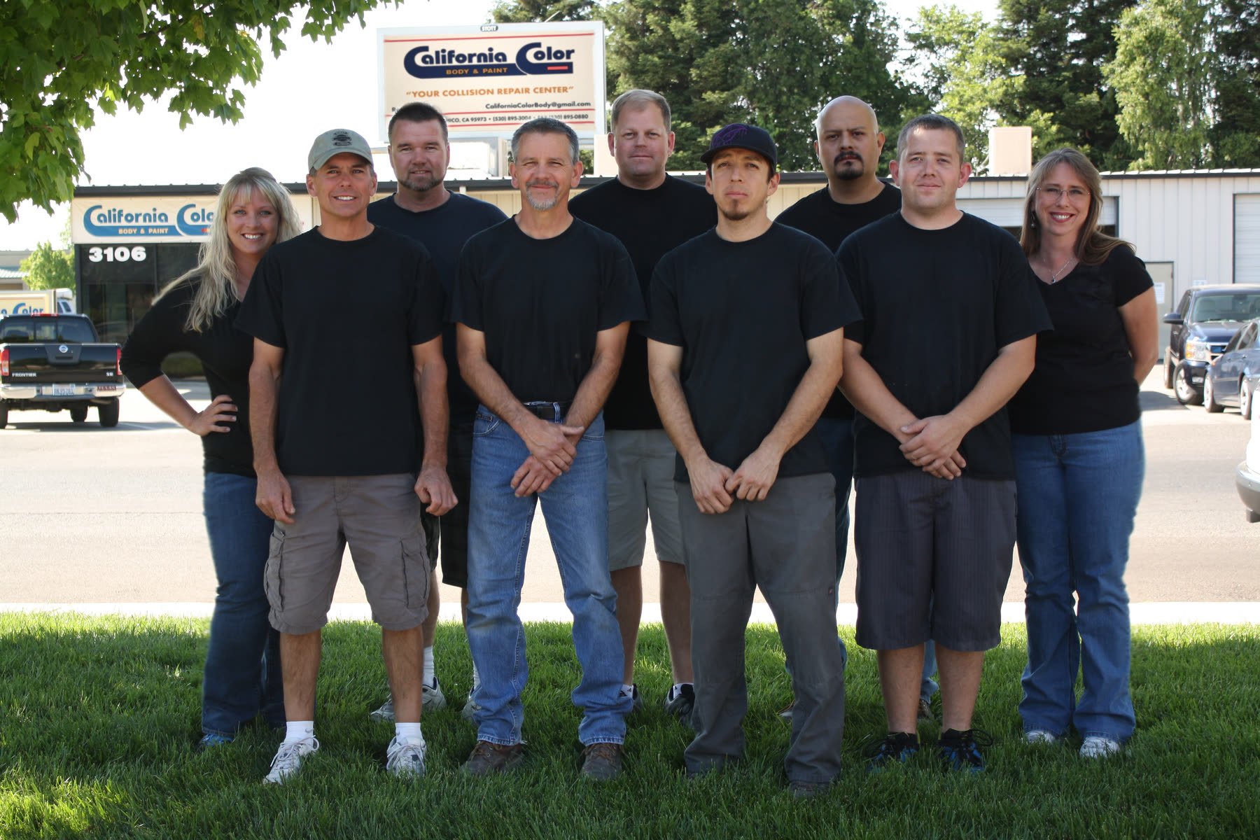 The California Color Body & Paint team outside the shop at 3106 Esplanade, Chico.